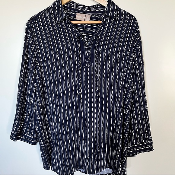 Chico's Tops - Chico’s Navy Blue & White Dot-Stripe Lace-Up Blouse Size 3 (XL) NWT